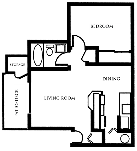 Floor plan for 1 bed, 1 bath, 626 sqft